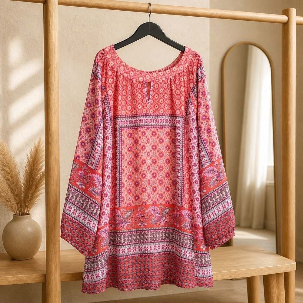 Westport 1962 Women's Cold Shoulder Bohemian Print Blouse Red Pink XL # 1031